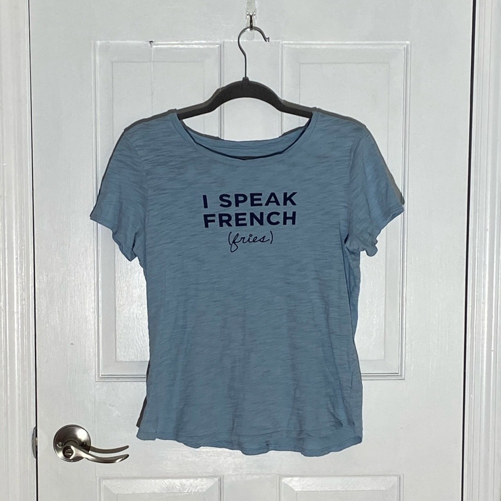 Old Navy “I speak French fries” light blue shirt